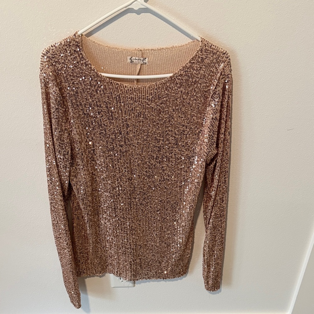 Free People Sequin Long-Sleeve Pullover - Rose Gold